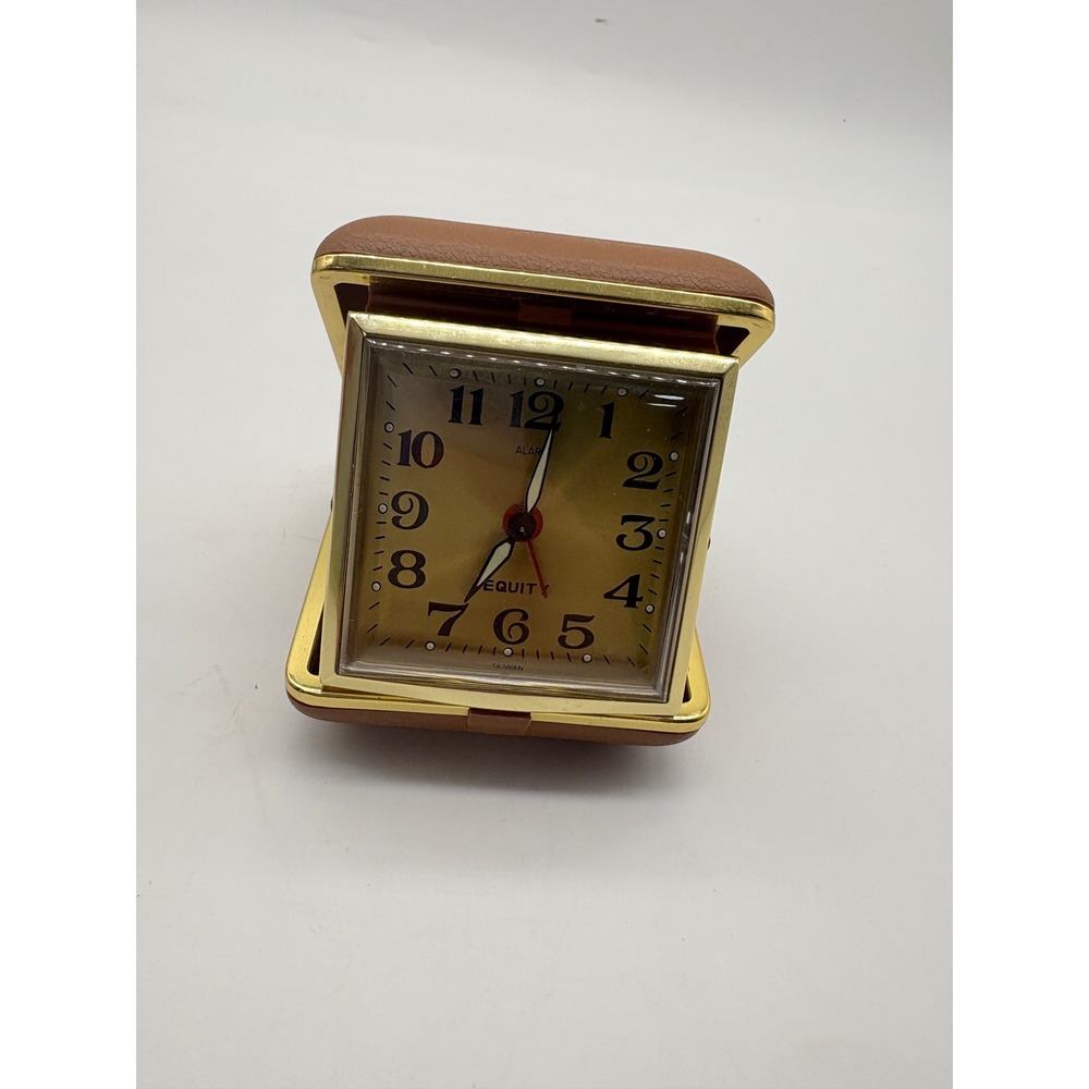 Vtg Equity Travel Alarm Clock Brown Gold Tone Folding Case Mechanical Wind Up